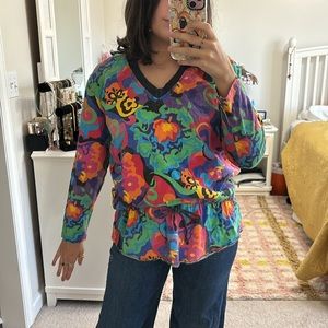 Vintage Jealousy Top M Long Sleeve Sweatshirt Printed Cinch Waist Tie Drawstring